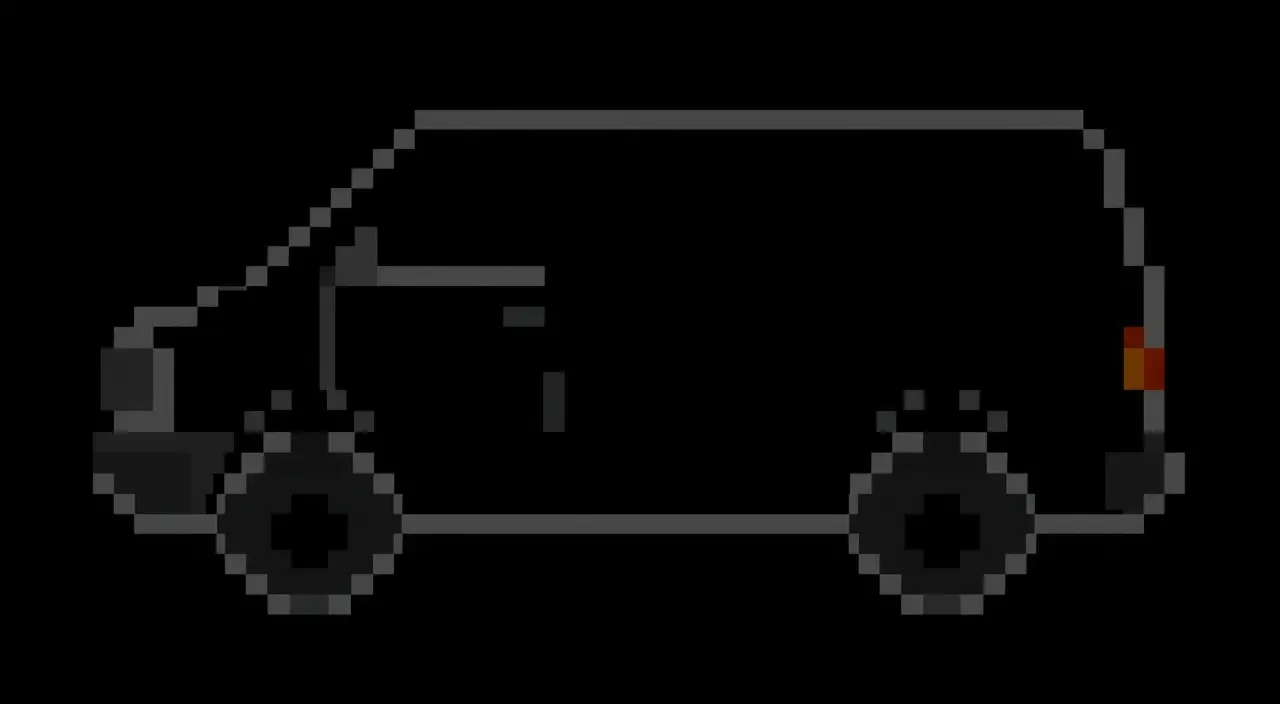 This is a low-resolution, pixelated graphic depicting a vehicle. The vehicle appears to be a van or truck, shown in profile with distinct wheels. The monochromatic gray design against a black background creates a simple, functional aesthetic.