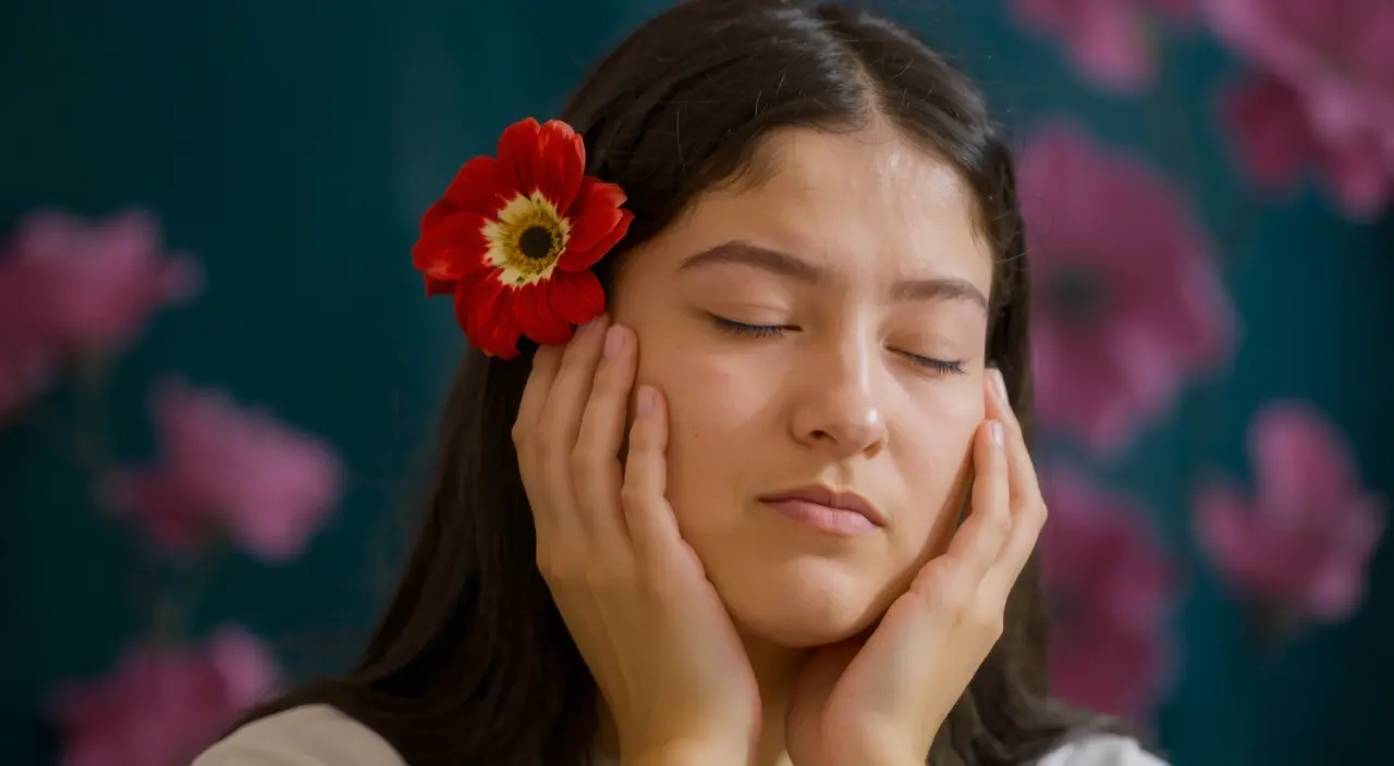 A young person with closed eyes gently touches their face with both hands. They are adorned with a vibrant red flower tucked behind their ear, and the background is a soft blend of dark teal and blurred pink floral accents. The overall mood is serene and contemplative.