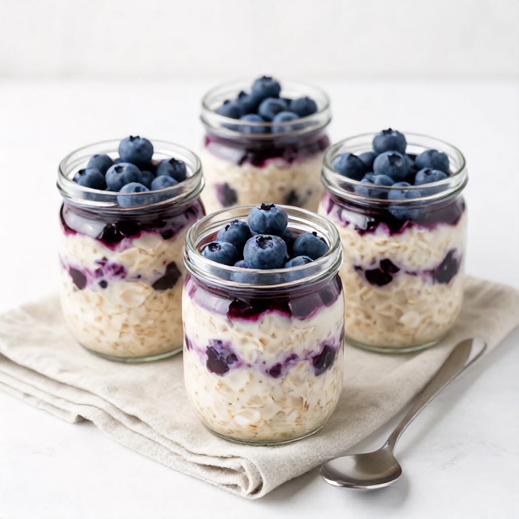 Glass jars filled with creamy overnight oats layered with dark berry compote and topped with fresh blueberries are arranged on a linen napkin. The bright, minimalist setting highlights the appealing textures of the breakfast bowls, with a small spoon resting nearby. The composition evokes a clean, appetizing, and healthy aesthetic.