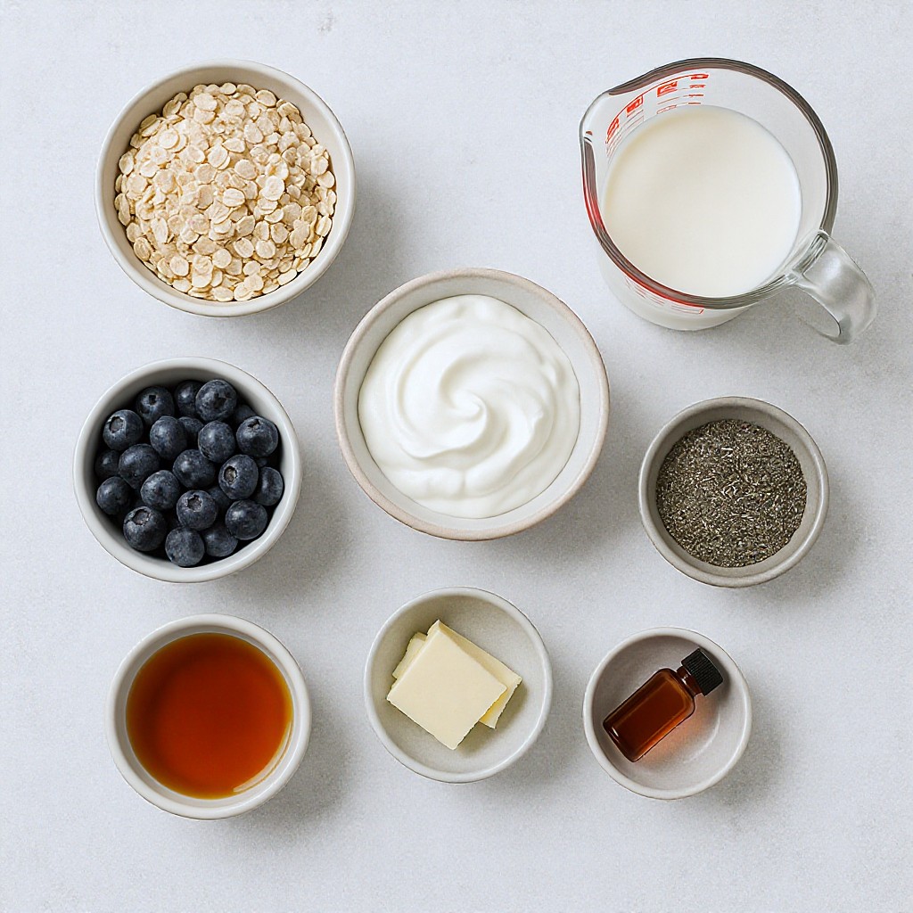 A flat-lay photograph showcases various ingredients for a healthy recipe arranged on a light, textured gray surface. Bowls containing oats, blueberries, Greek yogurt, cream cheese, maple syrup, chia seeds, and vanilla extract are positioned alongside a glass measuring cup filled with almond milk. The bright, clean aesthetic and top-down perspective create an organized and instructional culinary mood.