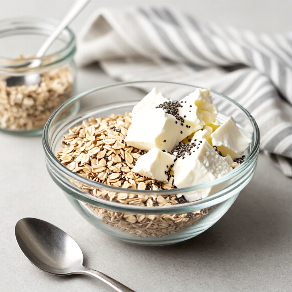 A clear glass bowl sits on a neutral surface, filled with a mixture of dry rolled oats, dark chia seeds, and generous blocks of creamy white cheese. In the background, a soft, striped cloth rests next to a small glass jar containing a spoon. A single metal spoon lies on the table in the foreground, completing this bright, minimalist culinary scene.
