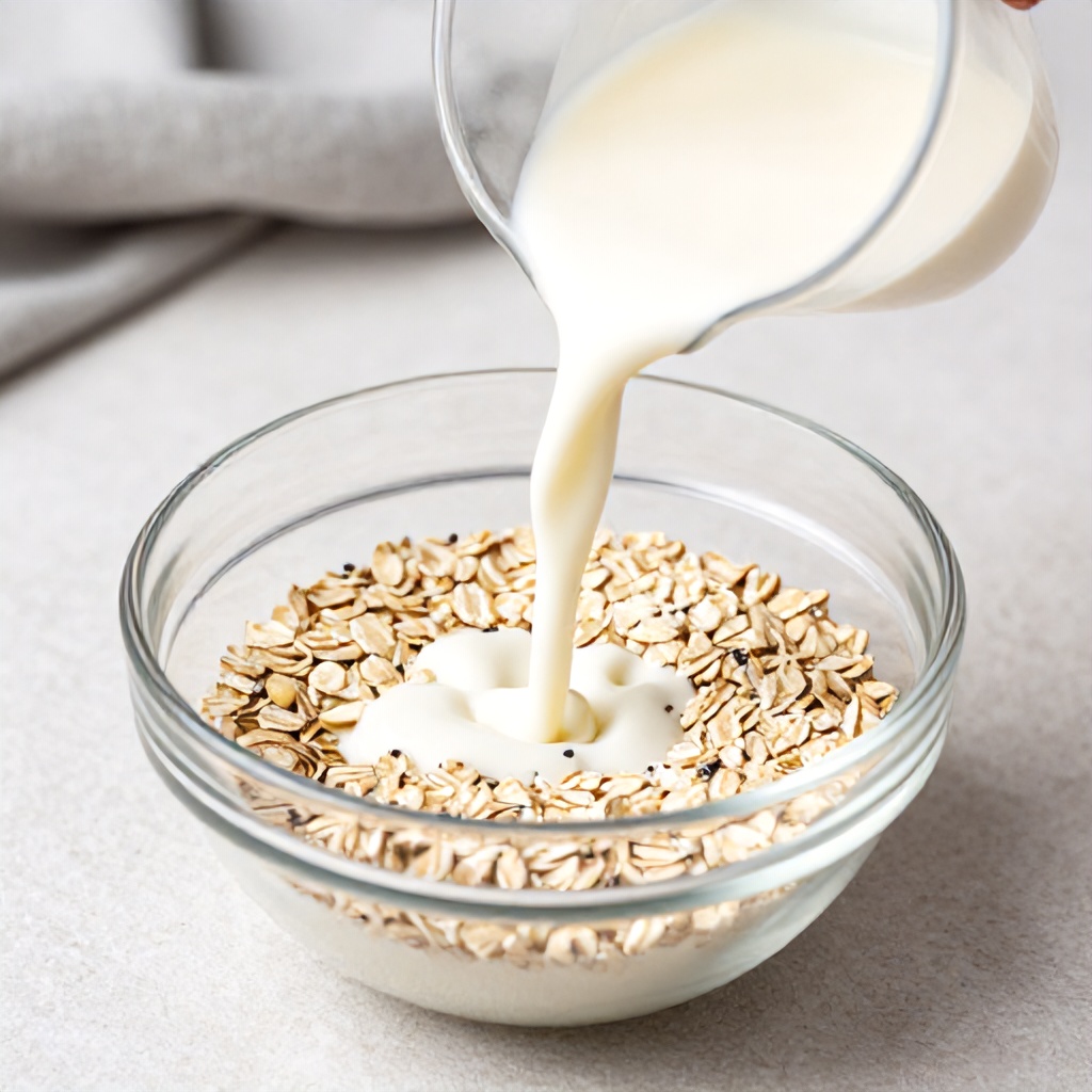 A clear glass bowl contains dry rolled oats and small seeds, into which a creamy white liquid is being poured from a measuring cup. The scene is set against a light-colored, textured surface with a soft grey cloth visible in the background. The overall tone is bright, clean, and minimalist, emphasizing the process of food preparation.