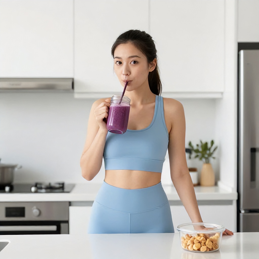 A woman in light blue athletic wear stands in a bright, modern white kitchen, drinking a purple smoothie from a glass jar through a straw. Beside her on the white countertop is a clear container filled with small snack bites, highlighting a theme of healthy living. The setting is clean and airy, with white cabinetry and stainless steel appliances creating a refreshing and wellness-focused mood.