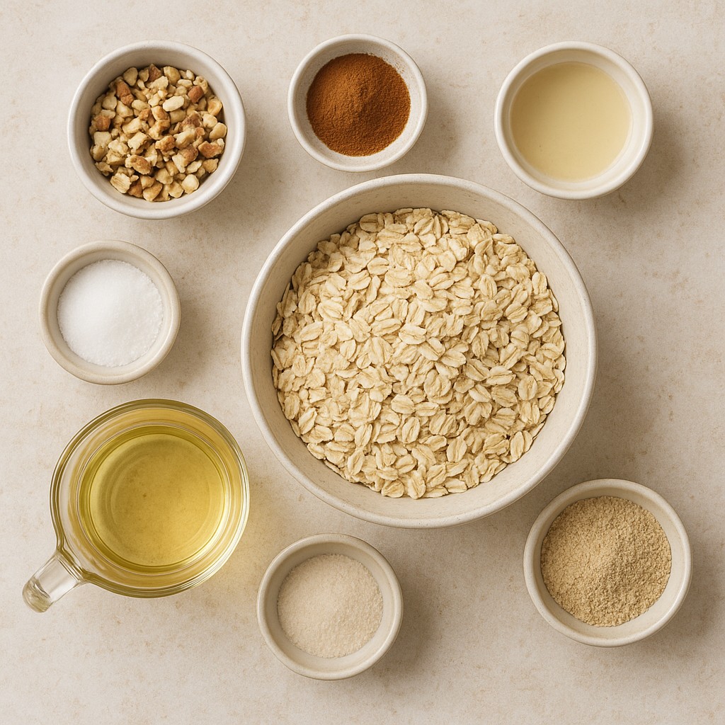 A top-down view displays various baking ingredients arranged on a textured, light-colored surface. The selection includes a large bowl of oats, several smaller bowls containing chopped nuts, ground spices, and seeds, as well as liquid components in a measuring cup and small dishes. The composition features warm, neutral tones and an organized layout that conveys a clean, rustic culinary aesthetic.