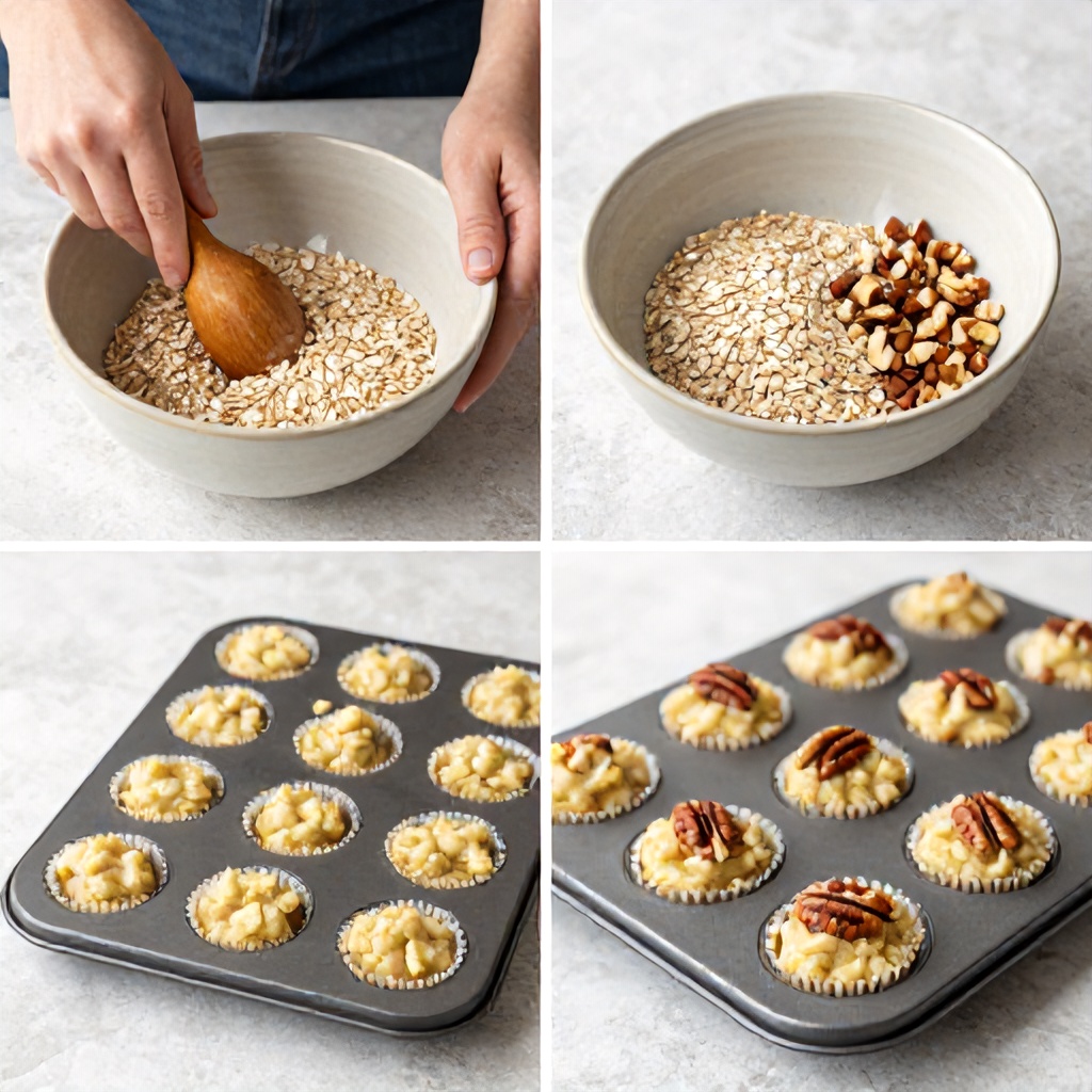 This composite image illustrates the process of making oat-based snacks or muffins in four sequential steps. The top panels show hands mixing ingredients like oats, spices, and chopped nuts in a ceramic bowl, while the bottom panels demonstrate the mixture being portioned into a muffin tin and topped with additional pecans. The aesthetic is bright, clean, and culinary, featuring neutral tones and a rustic, textured tabletop surface.