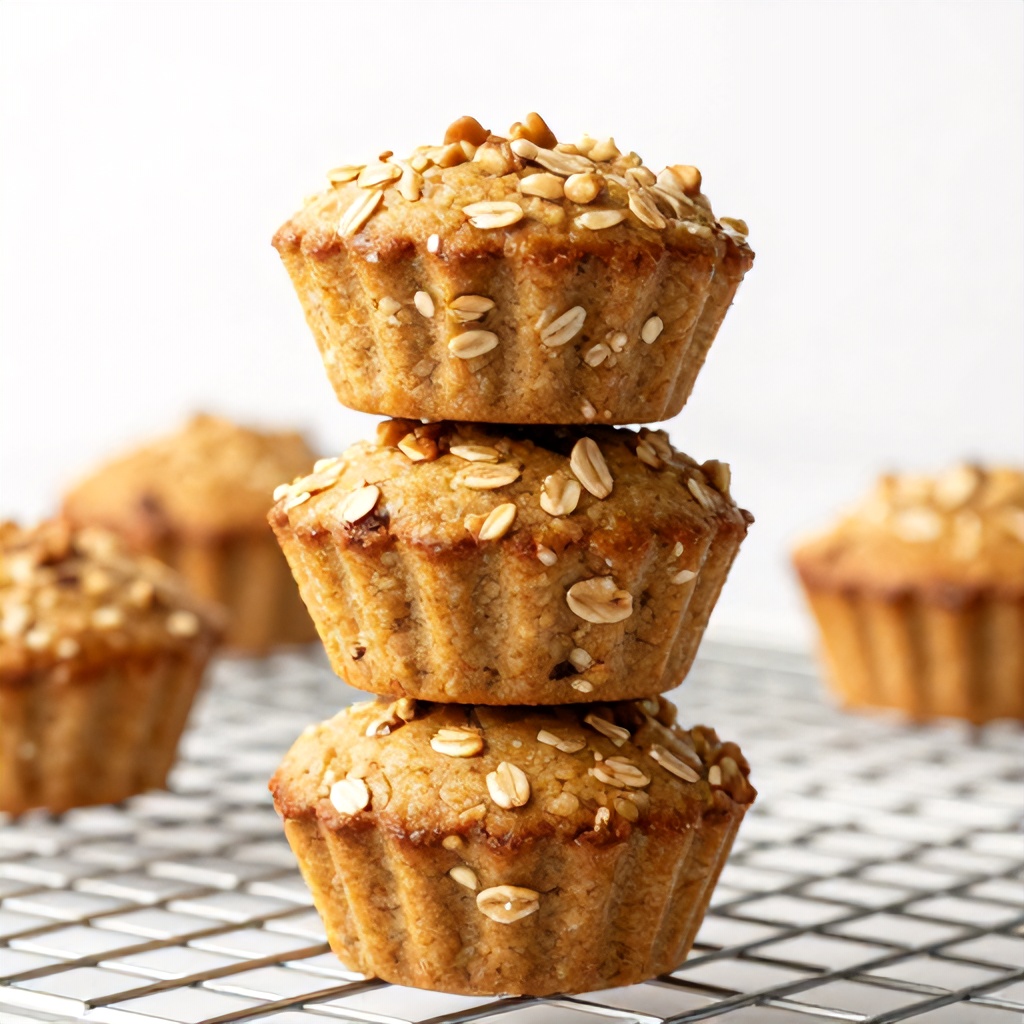 A stack of three round, baked oatmeal cups sits on a metal cooling rack against a bright, clean background. The golden-brown treats are textured with oats and scattered with chopped nuts, creating a warm and rustic appearance. Additional oatmeal cups are blurred in the background, suggesting a fresh batch prepared for a healthy breakfast or snack.