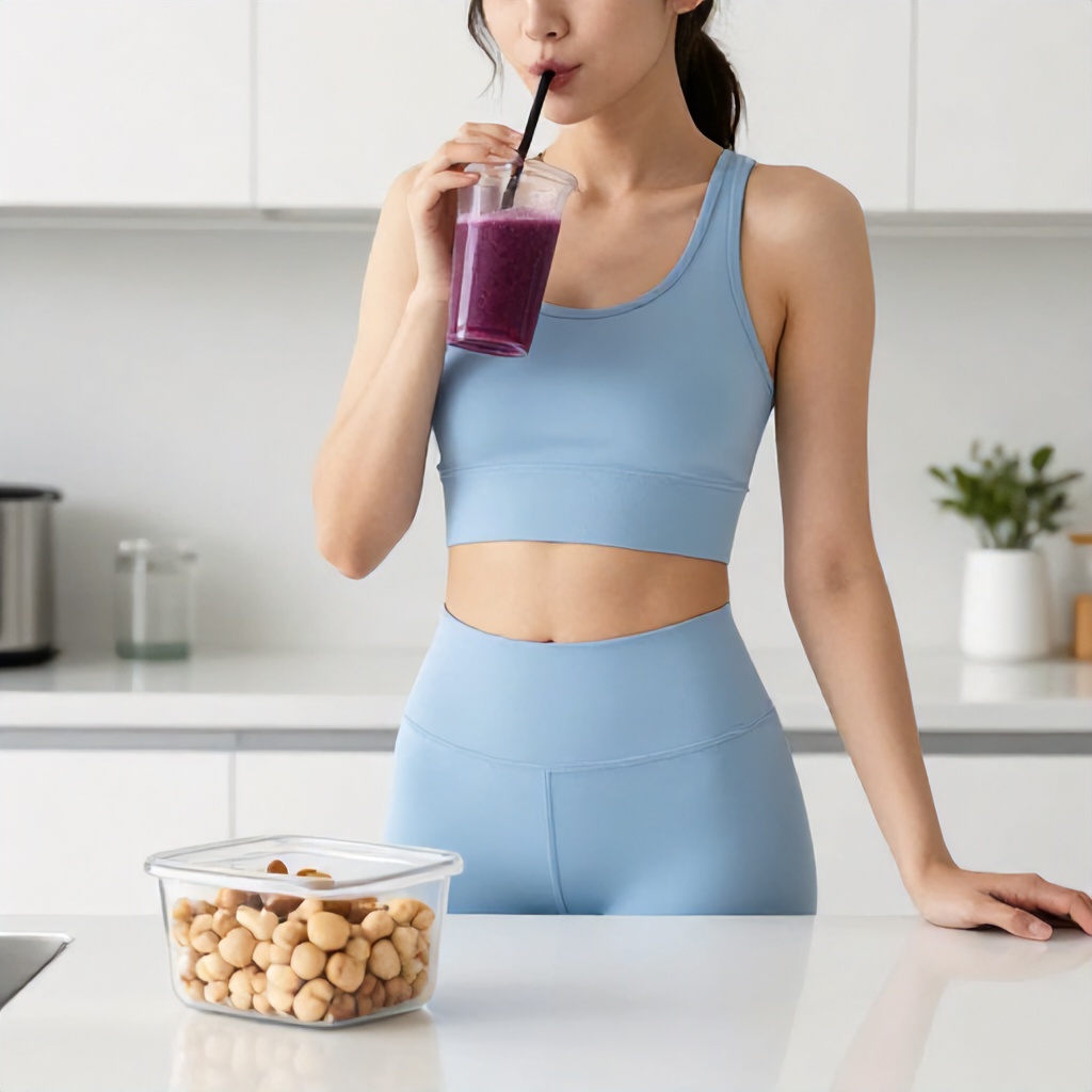 A woman dressed in a light blue athletic set stands in a bright, modern kitchen while drinking a purple-toned smoothie through a straw. In the foreground, a clear container filled with small, round snacks sits on a white countertop. The scene features a clean aesthetic with white cabinetry and minimalist decor, conveying a healthy and active lifestyle.