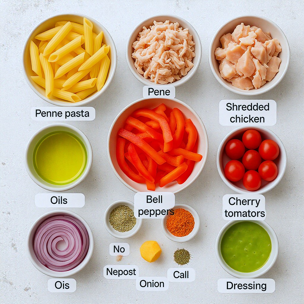 An overhead, flat-lay photograph showcases a colorful variety of prepped ingredients for a meal, arranged neatly on a white textured surface. The assortment includes penne pasta, shredded chicken, sliced bell peppers, red onions, and cherry tomatoes, along with various oils, seasonings, and a green dressing. Each ingredient is presented in its own bowl and accompanied by a text label, creating a clean and organized culinary presentation.