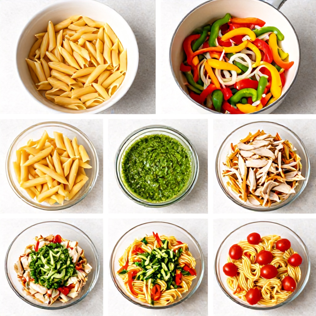 This collage of six photos depicts the stages of preparing a colorful pasta salad on a bright, textured surface. It begins with boiling penne pasta and sautéing a mix of red, yellow, and green bell peppers with sliced onions in a large white pot. The final steps show shredded chicken, sautéed vegetables, and cherry tomatoes combined with the pasta in a glass bowl and tossed with a vibrant green dressing.