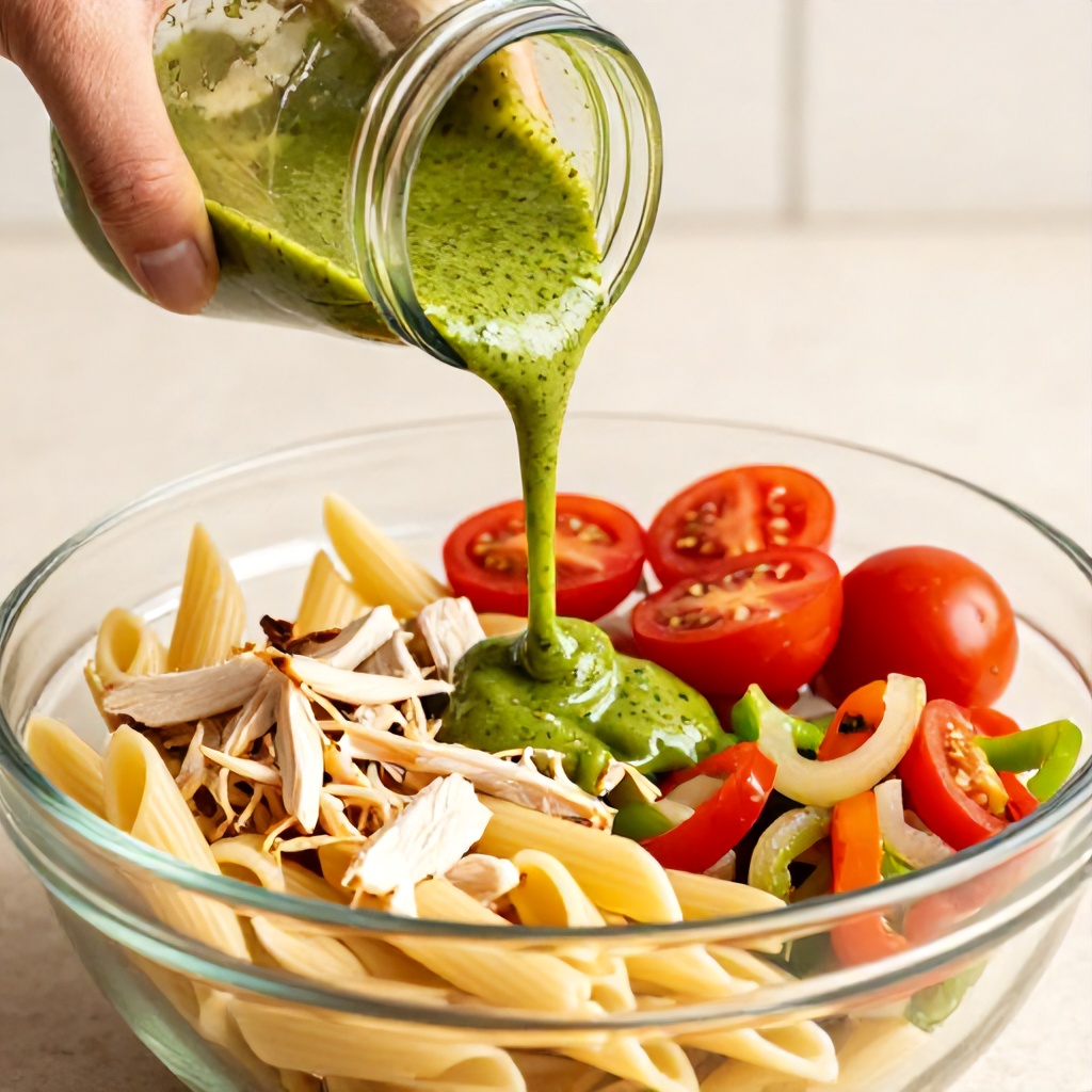 A hand pours a vibrant green dressing from a glass jar over a colorful array of ingredients in a large glass bowl. The bowl contains penne pasta, shredded chicken, halved cherry tomatoes, and sautéed peppers and onions. This brightly lit, close-up shot highlights the fresh textures and warm tones of the meal against a clean, neutral background.