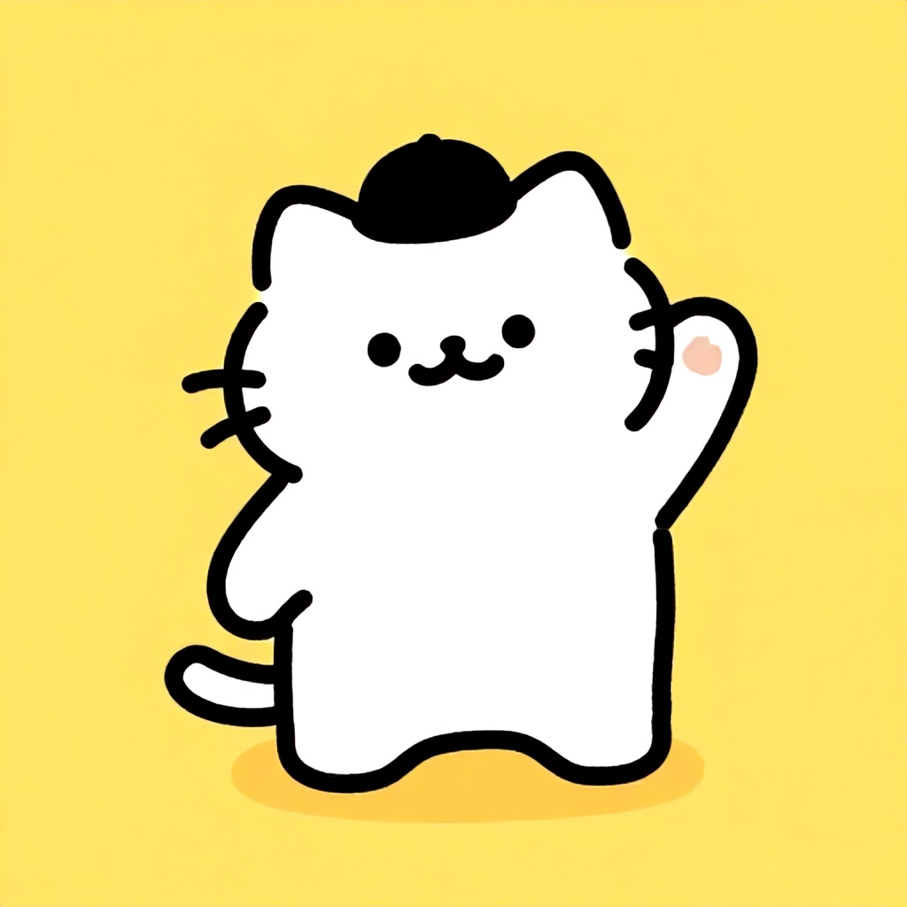 This is a simple, hand-drawn illustration of a white cat with black accents. The cat wears a small black hat and appears to be waving with its left paw. The background is a vibrant, solid yellow, creating a cheerful and playful mood.