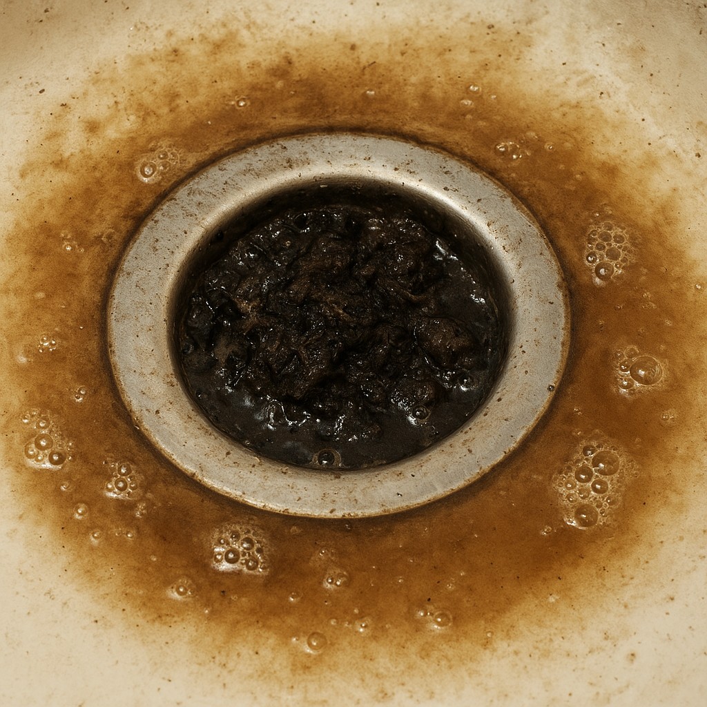 The image shows a close-up view of a sink drain clogged with dark debris. The water is murky and brown, and small bubbles are rising to the surface. The overall impression is one of a neglected or unclean environment.