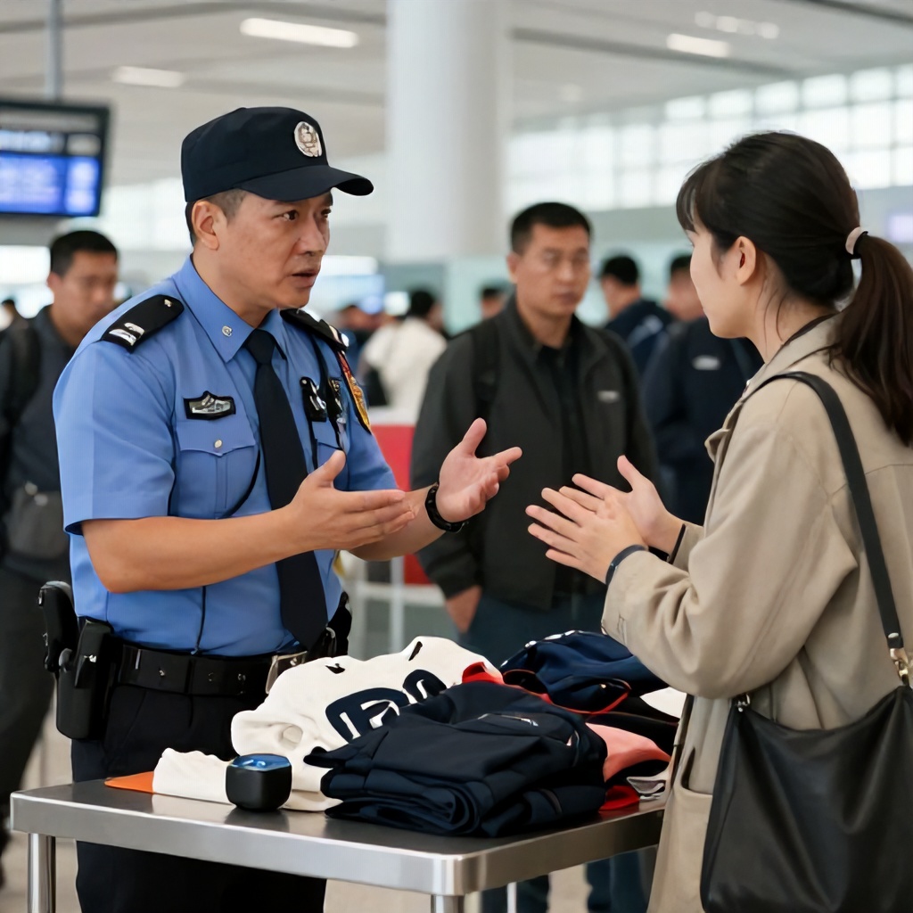 The image depicts a tense scene at an airport security checkpoint. A uniformed officer is speaking assertively to a woman, gesturing with his hands. Various personal items, including clothing and a small electronic device, are spread across a metal table in front of them. Other individuals are visible in the background, suggesting a busy public space.