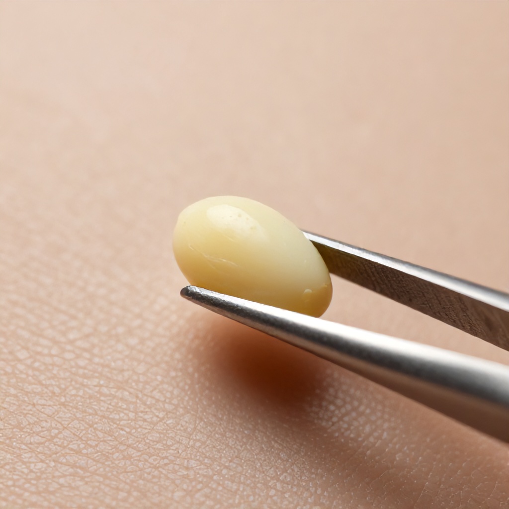 This is a close-up, macro photograph of a small, pale, yellowish object being held by metallic tweezers against a textured, skin-like surface. The lighting is bright, highlighting the detail and giving the image a clinical, almost scientific feel.