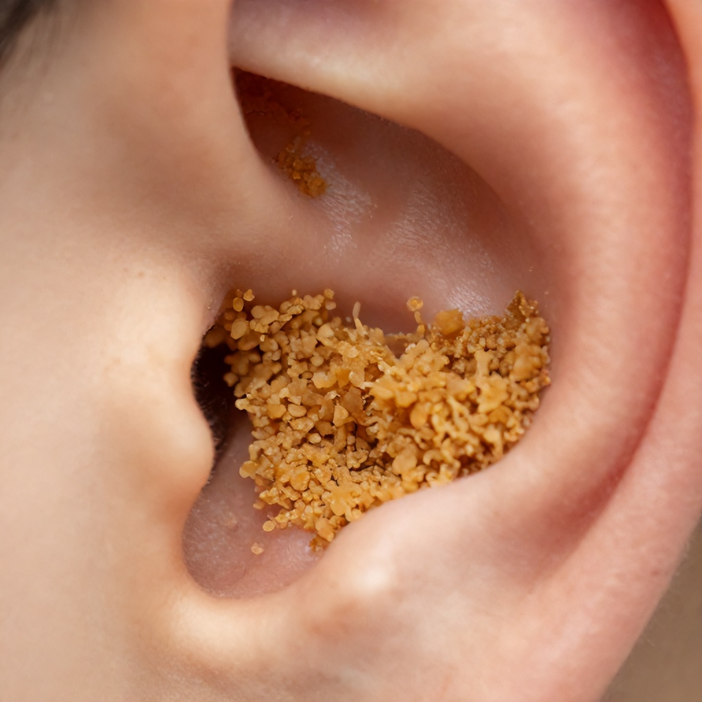 Close-Up View of Significant Earwax Buildup Blocking Ear Canal
