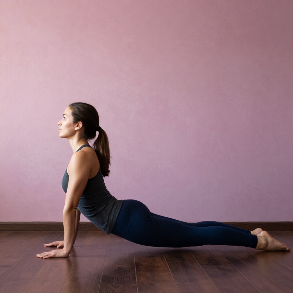 A woman in a dark grey tank top and navy leggings performs a yoga pose on a dark wooden floor. She is in a low cobra pose, with her torso lifted off the ground and her arms supporting her upper body. The background features a textured wall with shades of pink and muted purple.