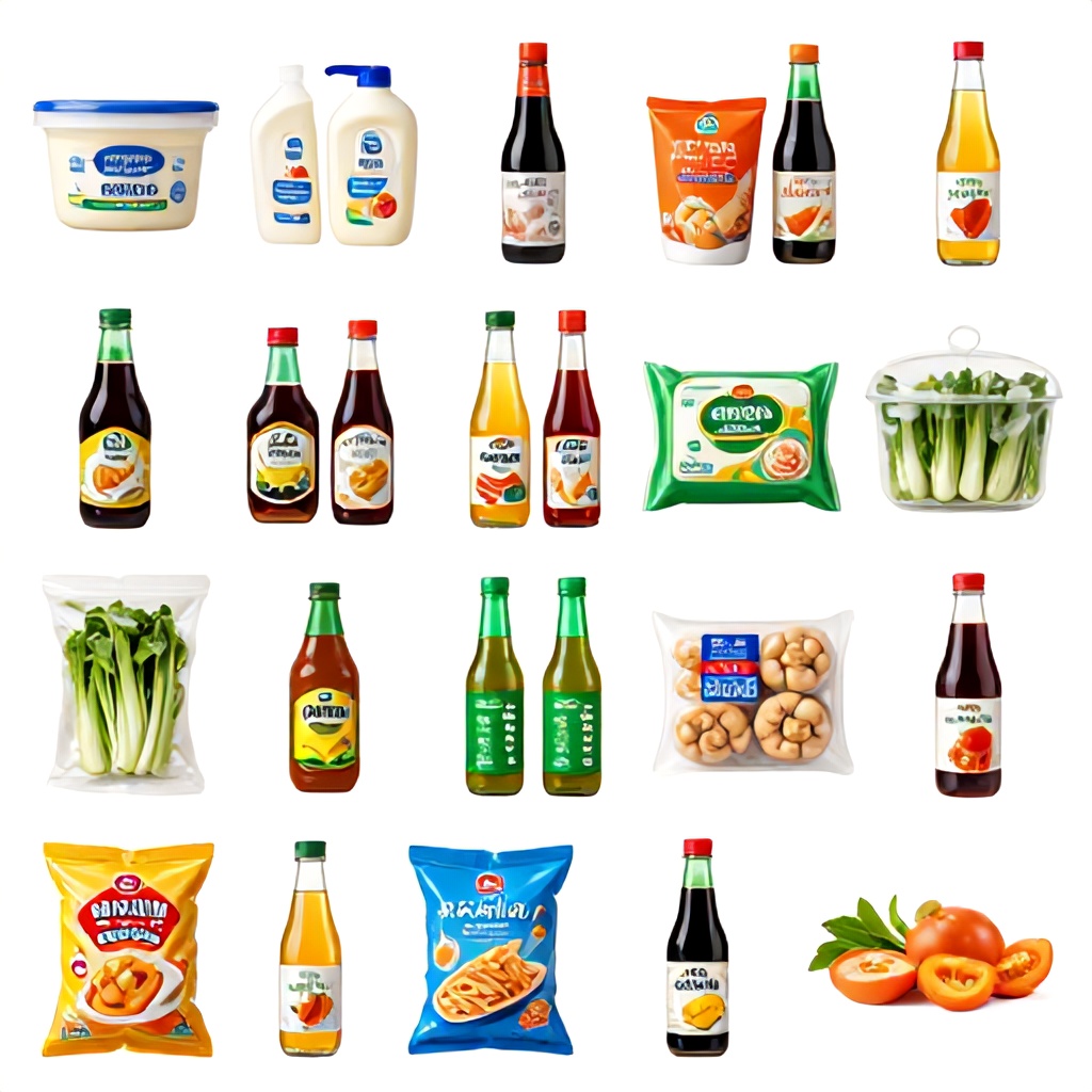 A variety of packaged food items are neatly arranged in a collage format against a plain white background. The collection features a diverse selection of household staples, including dairy products, bottled sauces, frozen vegetables, and boxed snacks. The bright lighting and organized layout create a clean and informative visual overview of common grocery essentials.