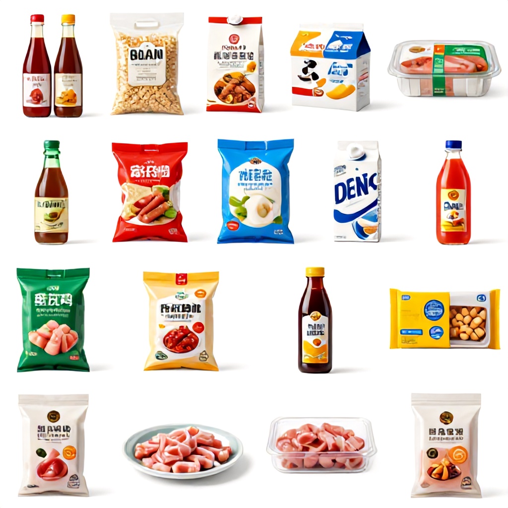 A collage displays an array of packaged food items and household staples arranged neatly against a plain white background. The selection includes a diverse range of products such as bottled sauces, bags of grains, cartons of dairy, and various frozen meats and snacks. Each item is presented in its packaging, showcasing a vibrant palette of colors that gives the collection a clean and organized appearance.