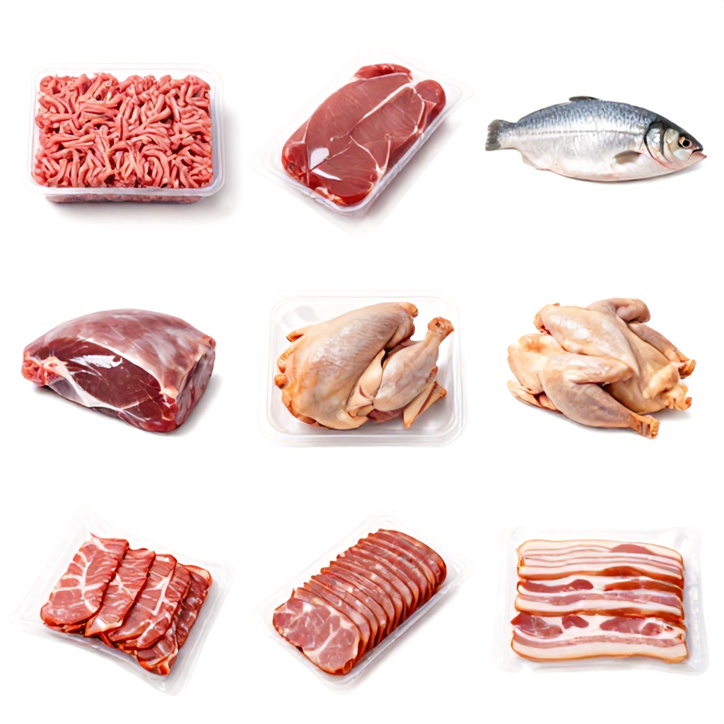This composite image showcases a wide variety of packaged protein products, including raw ground meats, poultry, and fish, as well as prepared items like sliced deli meats and bacon. The items are displayed in their clear plastic retail packaging, highlighting the natural red, pink, and orange tones of the various foods against a plain white background. The overall presentation offers a neutral and informative overview of different protein options for meal preparation.