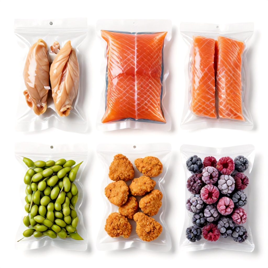 The image displays a collection of five different frozen food products arranged against a plain white background. The selection includes bags of chicken tenderloins, salmon fillets, breaded chicken chunks, edamame in pods, and a blend of frozen berries. Each package features a clear, colorful photograph of the food inside, emphasizing a practical and organized approach to grocery stocking.