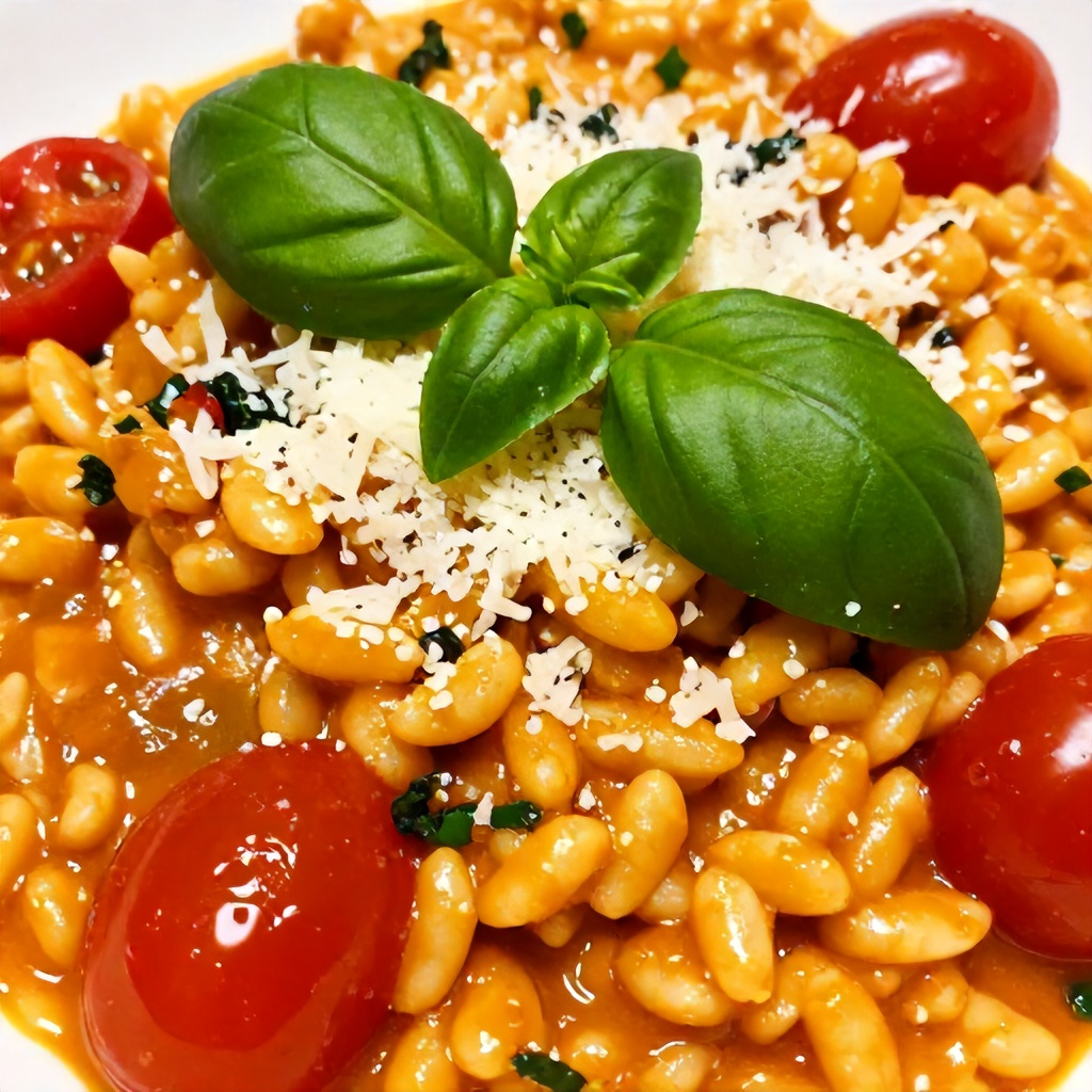 This close-up photograph captures a savory dish of grain-shaped pasta coated in a rich, creamy orange sauce. The meal is garnished with bright red cherry tomatoes, fresh green basil leaves, and a generous sprinkling of finely grated white cheese. The warm lighting and vibrant colors highlight the diverse textures of the ingredients, creating an inviting and appetizing presentation.