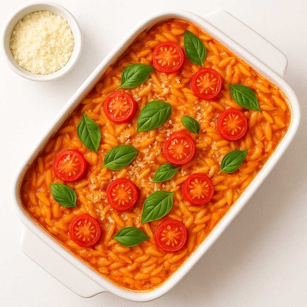 This overhead shot displays a creamy tomato orzo bake served in a white rectangular dish, featuring warm orange and red tones. The meal is garnished with fresh green basil leaves, halved cherry tomatoes, and a dusting of grated cheese for a vibrant, appetizing look. A small container of extra cheese sits nearby on the bright white surface, highlighting the dish's comforting and home-cooked aesthetic.