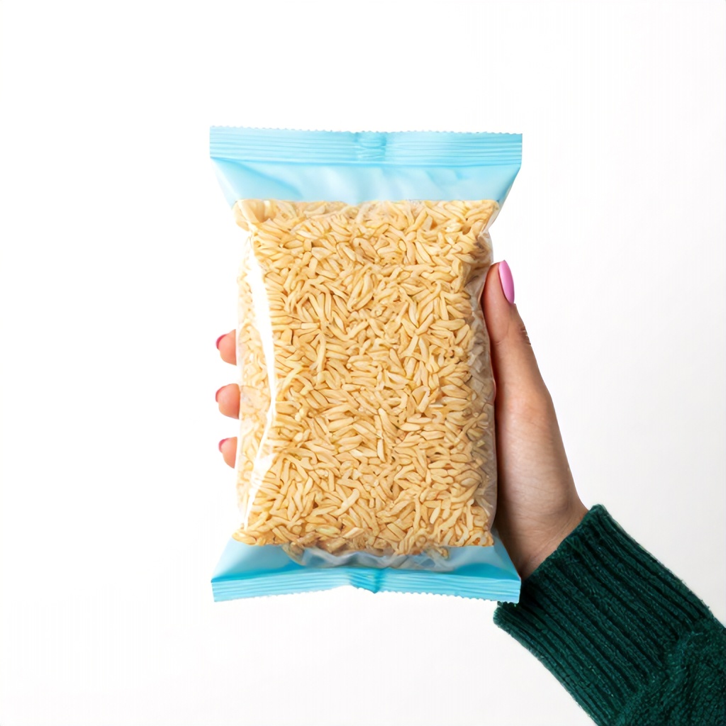 A person's hand with light pink manicured nails holds a rectangular package of orzo pasta against a bright, plain white background. The packaging features light blue accents and a transparent window that displays the small, grain-like pasta inside. A portion of a dark green knitted sweater sleeve is visible, providing a textural contrast within the clean, minimalist composition.