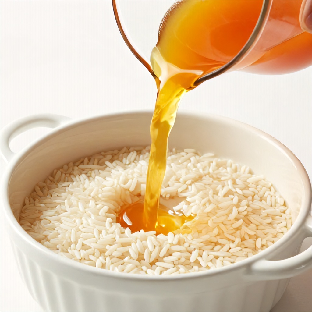 A thick, vibrant orange liquid is poured from a clear pitcher into a white ceramic baking dish. The dish contains uncooked long-grain rice already partially submerged in a clear liquid. The bright, natural lighting creates a clean and minimalist aesthetic, highlighting the textures of the food preparation.
