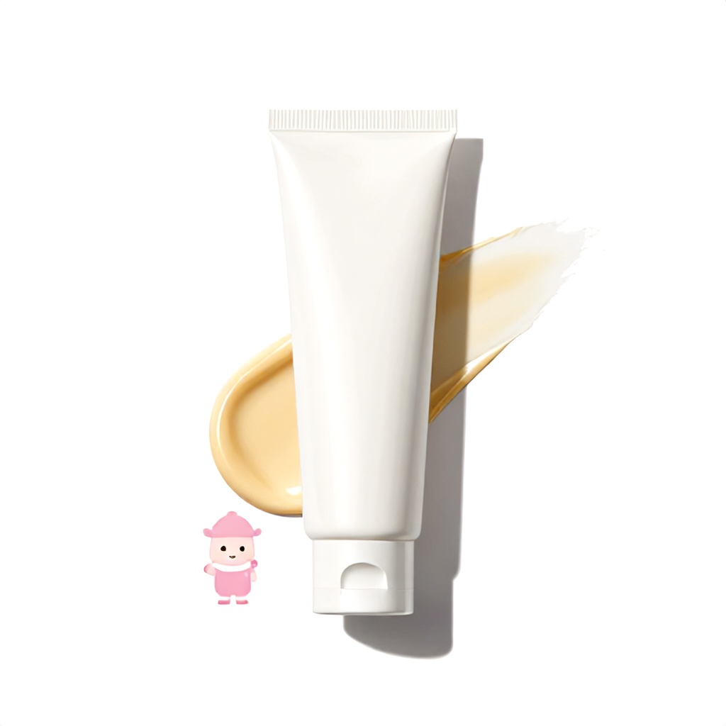 This image features a squeeze tube of skincare cream centered against a clean, white background. To the left of the tube, a small, cartoonish character in a pink outfit is depicted, while a textured smear of the golden-toned product is visible to the right. The overall aesthetic is bright, minimalist, and clinical.