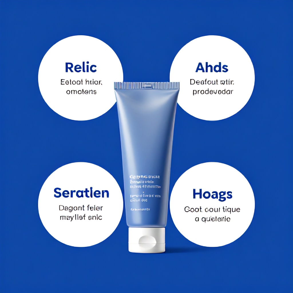 This image features a tube of skincare cream set against a vibrant blue background. The display includes four circular icons representing various product benefits alongside text describing the cream's properties. The overall style is clean and informative, designed to communicate the product's features in a professional manner.