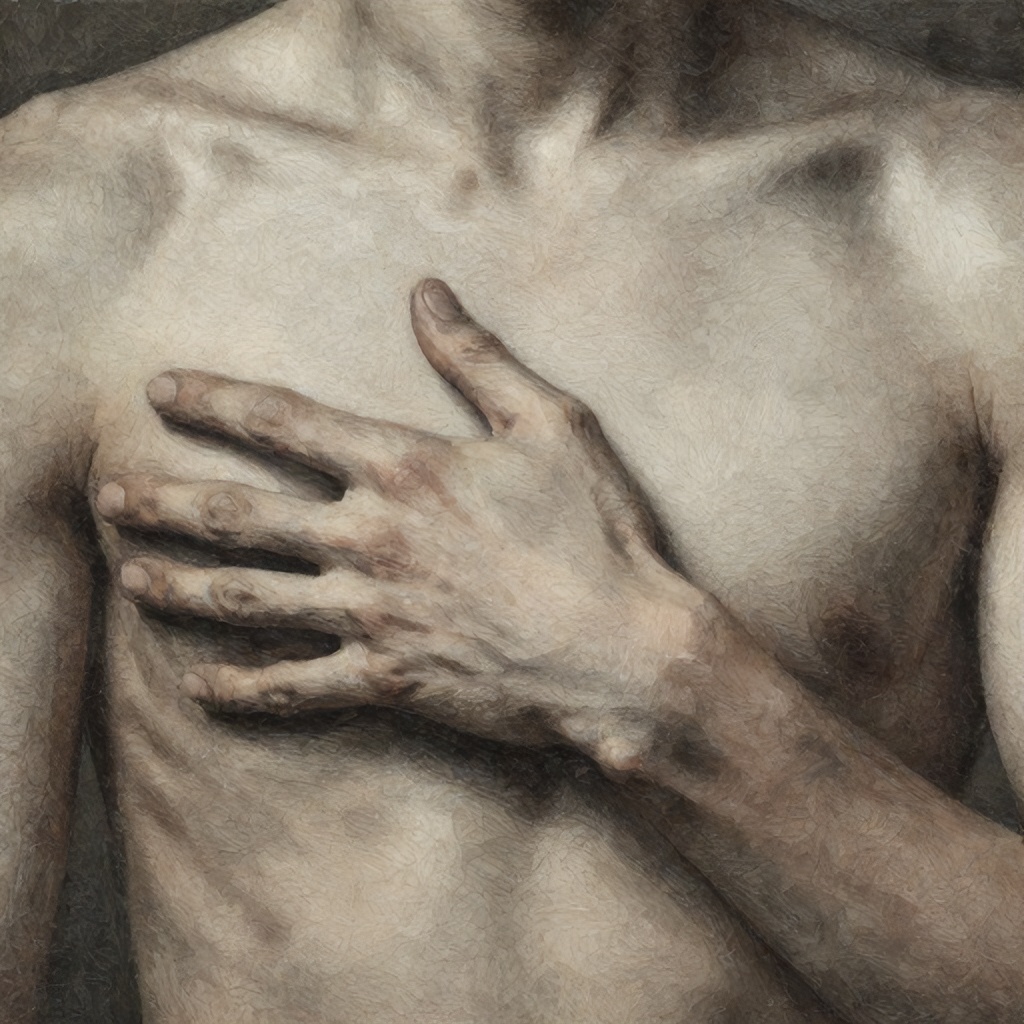 This image features an abstract, artistic rendering of a person's hands and upper torso. The composition uses a grainy, sketch-like aesthetic with a muted color palette dominated by earthy tones, grays, and whites. The mood is intimate and contemplative, emphasizing texture and form over precise detail.