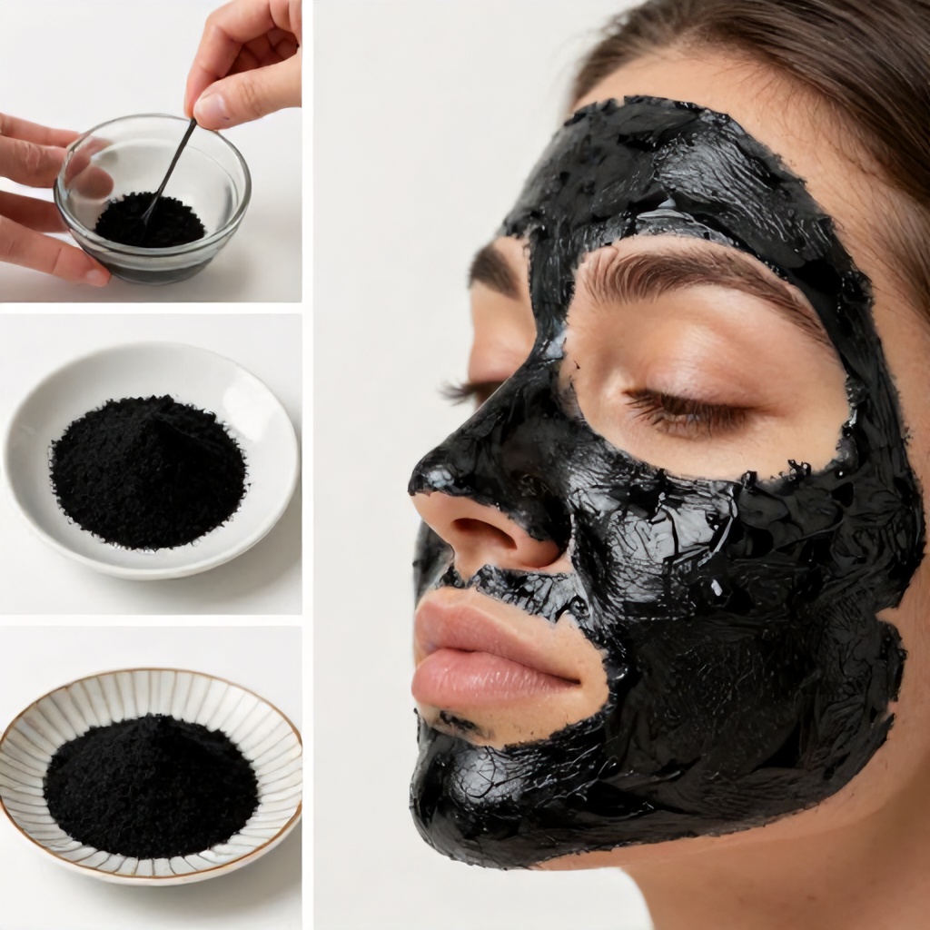 This collage depicts a skin treatment process. One frame shows hands mixing ingredients in small bowls, while another displays a pile of black powder on a patterned plate. The largest frame shows a close-up of a person's nose covered in a black mask, highlighting the application of the treatment.