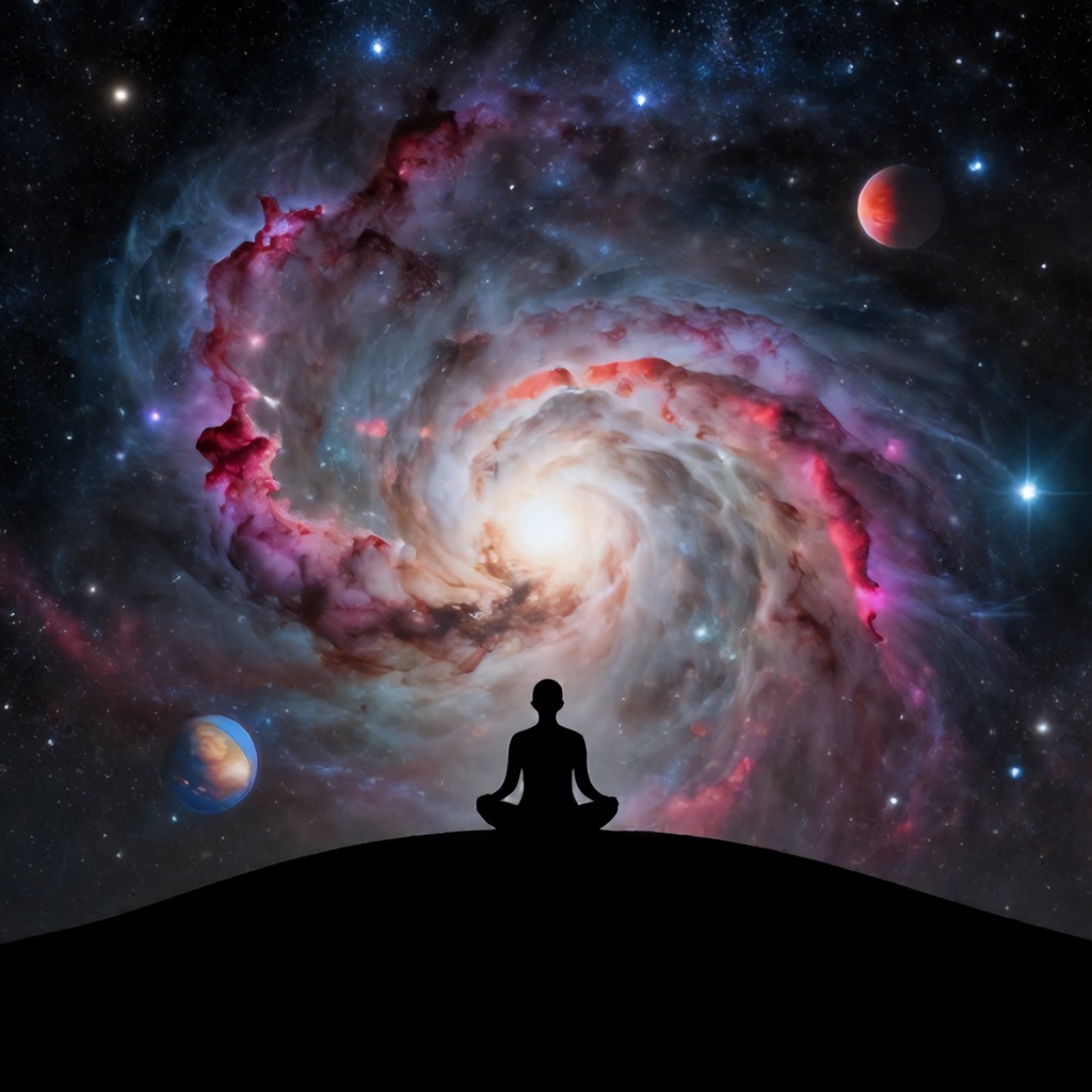 A solitary figure sits in meditation atop a dark, silhouetted hill. They are framed against a vibrant, cosmic backdrop filled with swirling nebulae, distant stars, and two colorful planets. The scene evokes a sense of awe and tranquility under the vast expanse of the universe.