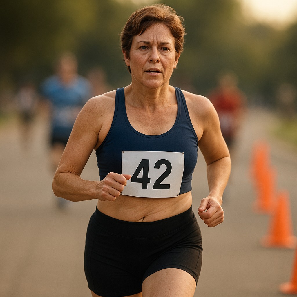 A middle-aged woman with short, brown hair runs towards the camera in a sporting event. She wears a dark blue sports bra, black shorts, and a bib number. The background shows a blurred outdoor setting with other runners and orange cones marking a course, suggesting a race or a marathon. The lighting indicates it is daytime, likely late afternoon due to the warm tones.
