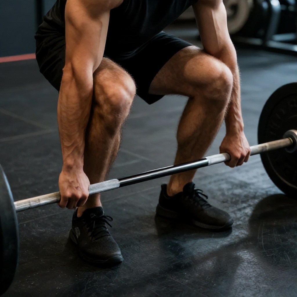 A person in athletic wear is crouched down, gripping a barbell. The scene takes place on a textured, dark floor, possibly in a fitness facility. The overall mood is one of intense physical exertion and focus.