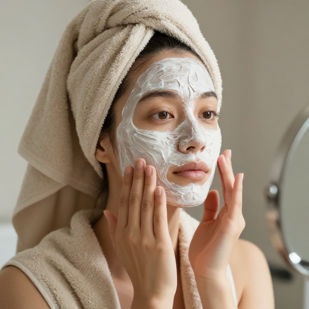 A person is captured in a close-up, applying a textured facial treatment to their face while looking into a mirror. Their hair is wrapped in a beige towel, and another towel is draped around their body, indicating a private moment of self-care. The image features soft lighting and natural tones, creating a serene and focused mood.