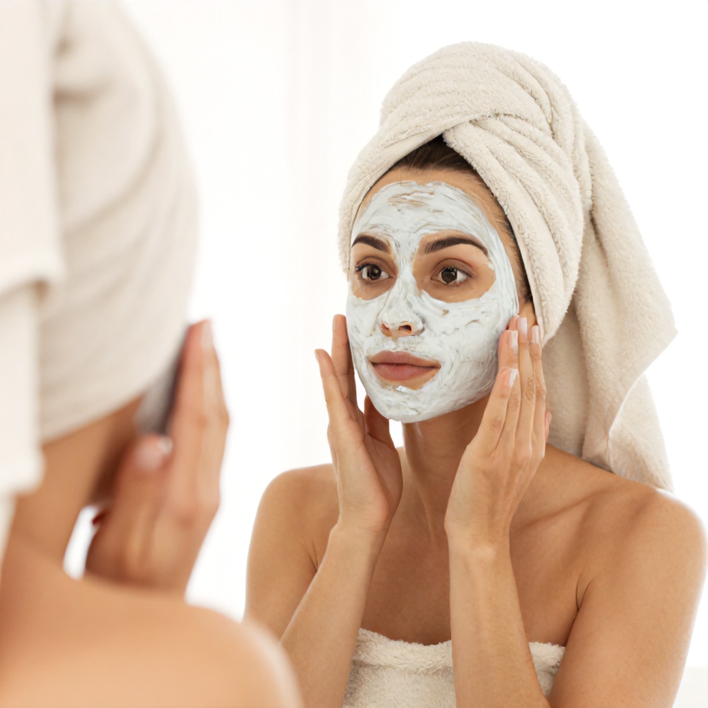 A person is applying a textured facial product to their face with both hands, looking intently into a mirror. Their hair is wrapped in a light beige towel, and they are draped in another towel, suggesting a moment of self-care. The bright, clean setting features a mostly white background, creating a serene and focused mood.