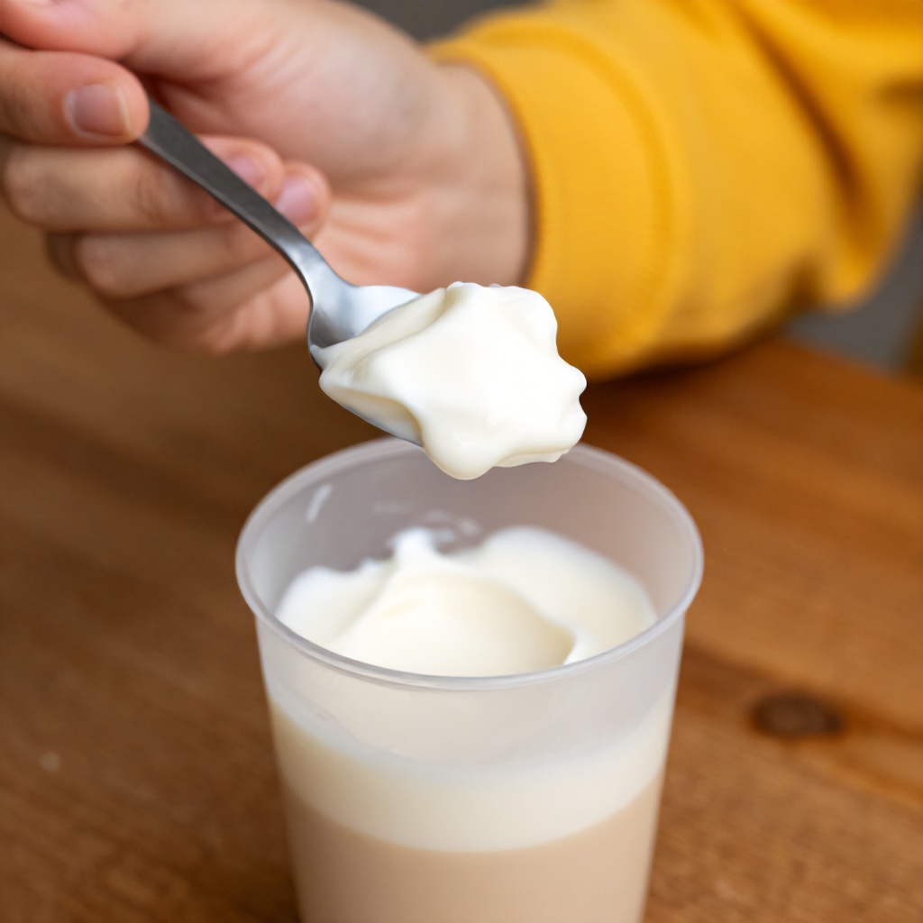 A close-up shot features a hand holding a dark spoon, laden with a generous dollop of a white, creamy substance. Below it, a translucent cup also contains the creamy mixture, with a lighter liquid visible at the bottom. The background is a warm, textured wooden surface, and a bright yellow sleeve on the arm adds a pop of color, creating a cozy and inviting scene.