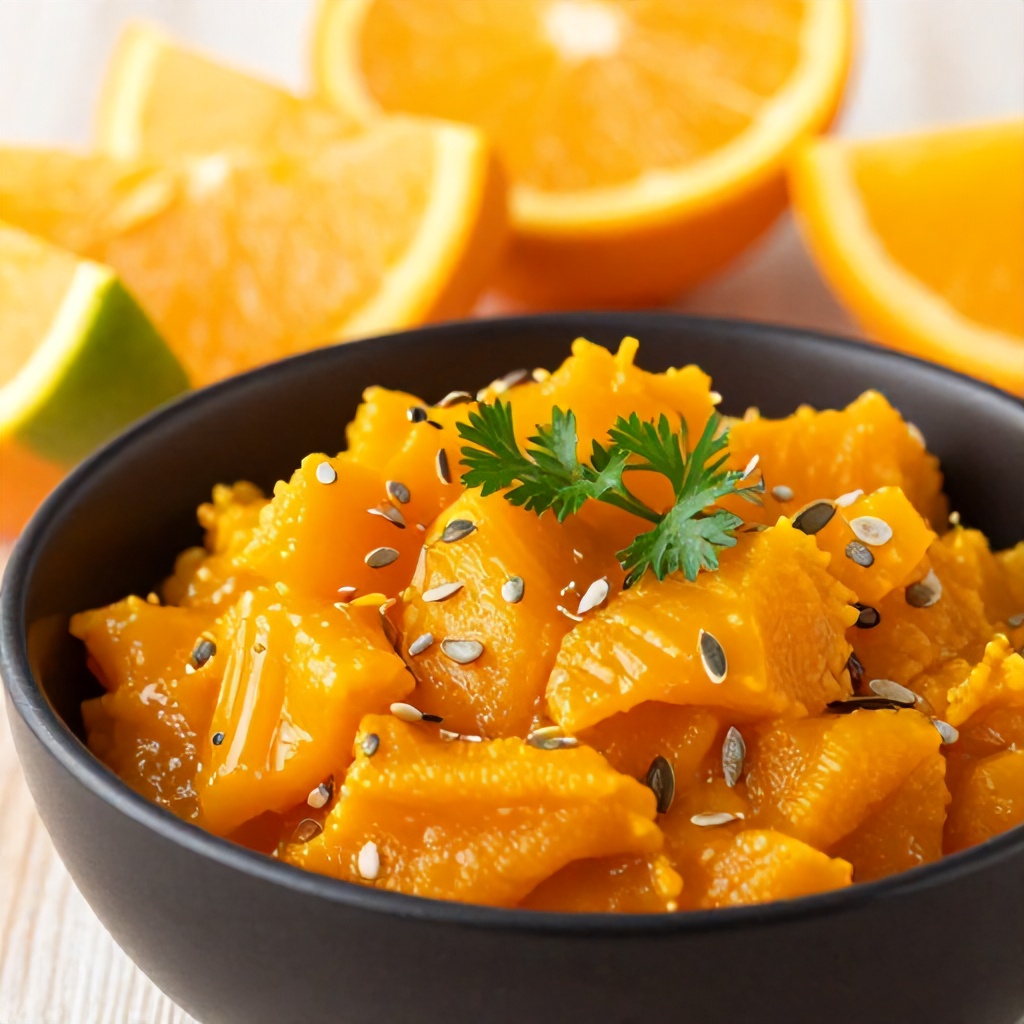 A vibrant orange, pureed vegetable dish is presented in a dark bowl on a light wooden surface. It is garnished with fresh green herbs and several scattered edible seeds. In the background, multiple bright orange slices of the same vegetable, showing hints of their green rind, are arranged. The image evokes a fresh and warm autumnal feeling with its dominant bright and contrasting colors.