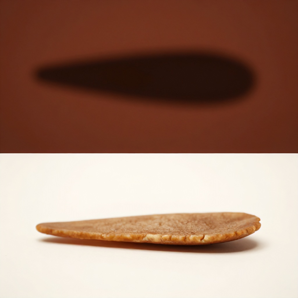 The image is composed of two horizontally divided sections. The upper section features a blurry, dark, irregular shape set against a soft, warm reddish-brown background. Below, an elongated, light brown object, resembling a piece of food, rests on a bright white surface. The overall aesthetic is clean, utilizing a muted, warm color palette and soft focus.