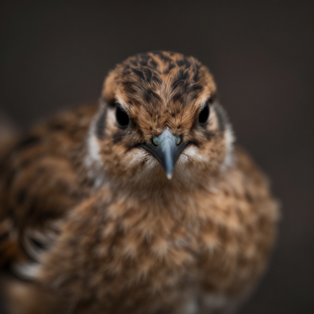 The image presents a highly blurred close-up of an animal, likely a bird, characterized by soft brown and tan tones. Darker, indistinct patterns mark its head, with a faint touch of greenish-blue visible amidst the earthier colors. The subject appears against a very dark, featureless background, contributing to a soft, almost abstract style and a tranquil mood.