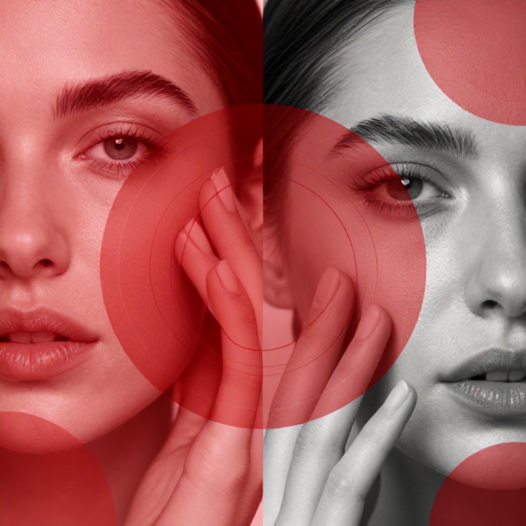 This collage features close-ups of faces, with a strong emphasis on skin care. One panel uses a warm, monochromatic red tone, highlighting fingers touching a cheek. Another panel is in grayscale, with fingers interacting with a face that has concentric circles graphic overlay. The overall mood is focused and precise, with abstract red circular shapes adding a graphic, modern element.