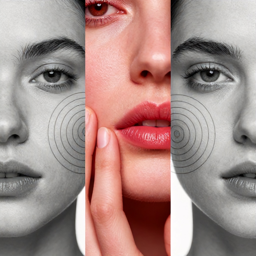 The image features a collage of close-up portraits of individuals focusing on their facial skin. Two sections are rendered in black and white with graphic concentric circles overlaid on the cheek area, while the central section is presented in a vibrant red hue, highlighting a close-up of lips and fingers interacting with the skin. The overall mood is clinical and focused on skin texture and concerns.