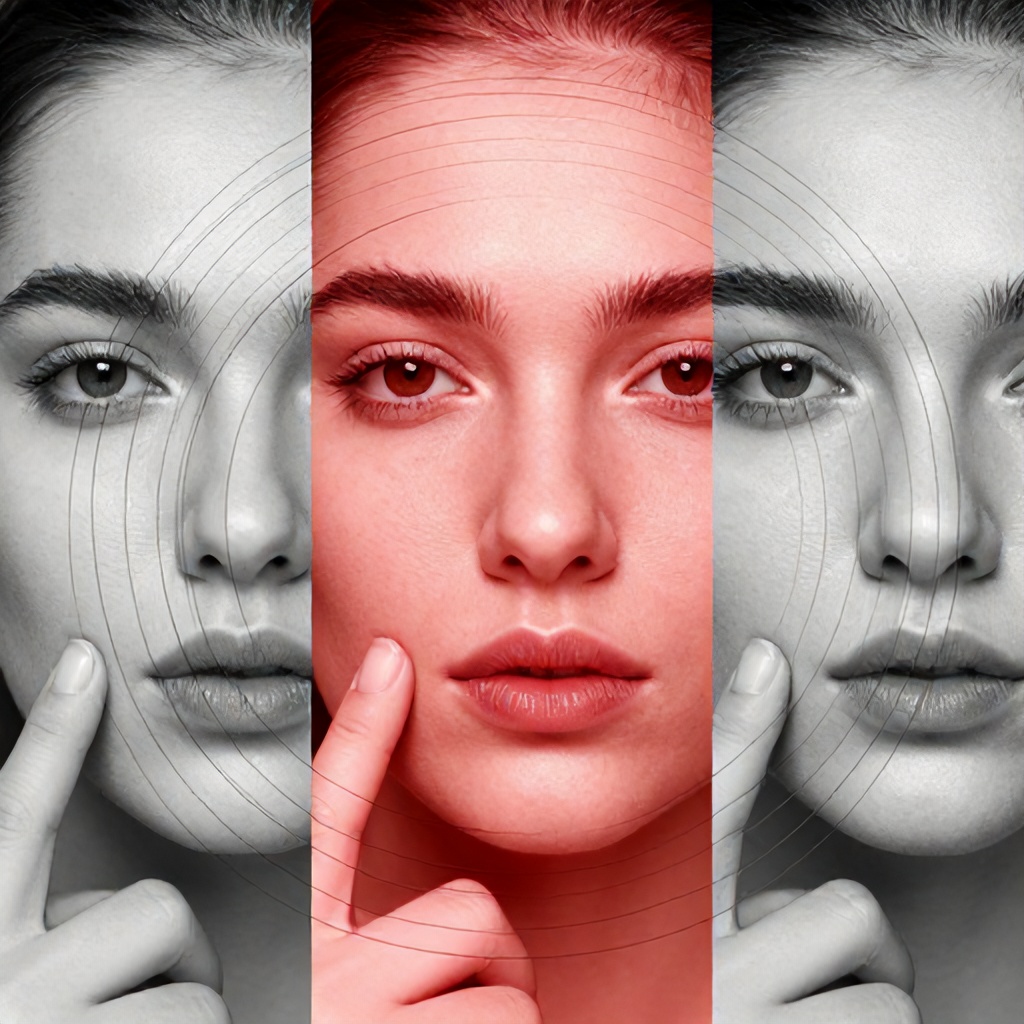 This image is a collage featuring close-ups of faces with fingers touching their skin. The central image is rendered in a warm red tone, while the side images are in black and white. Graphic concentric circles are overlaid on the black and white portions, highlighting areas of the skin.