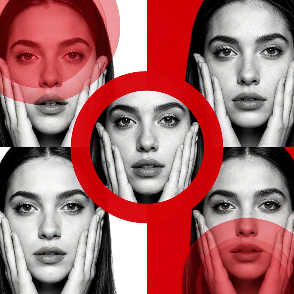 This collage features close-ups of several faces, with fingers touching their cheeks. The imagery is rendered in a bold, graphic style with contrasting red and black-and-white sections. Abstract red circles and concentric rings are overlaid on the images, creating a dynamic and attention-grabbing composition.
