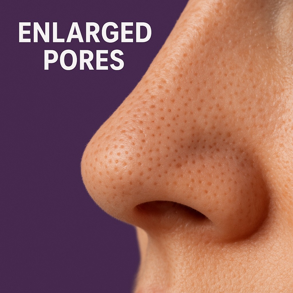 This image features a close-up view of a person's nose, highlighting enlarged pores. The background is a solid, deep purple color, which contrasts with the skin tones of the nose. The overall impression is one of focus on skin texture and clarity.