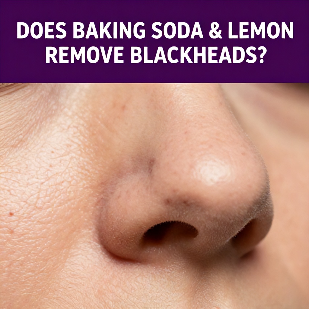The image features a deep purple banner at the top, displaying white text that asks, "DOES BAKING SODA & LEMON REMOVE BLACKHEADS?". Below this, a highly magnified photograph captures a close-up of a human nose and adjacent skin, which is visibly textured with numerous pores, many appearing dark. The fair-to-medium toned skin is shown in sharp detail against a soft background. The overall style is direct and informative, suitable for discussing common skincare topics.