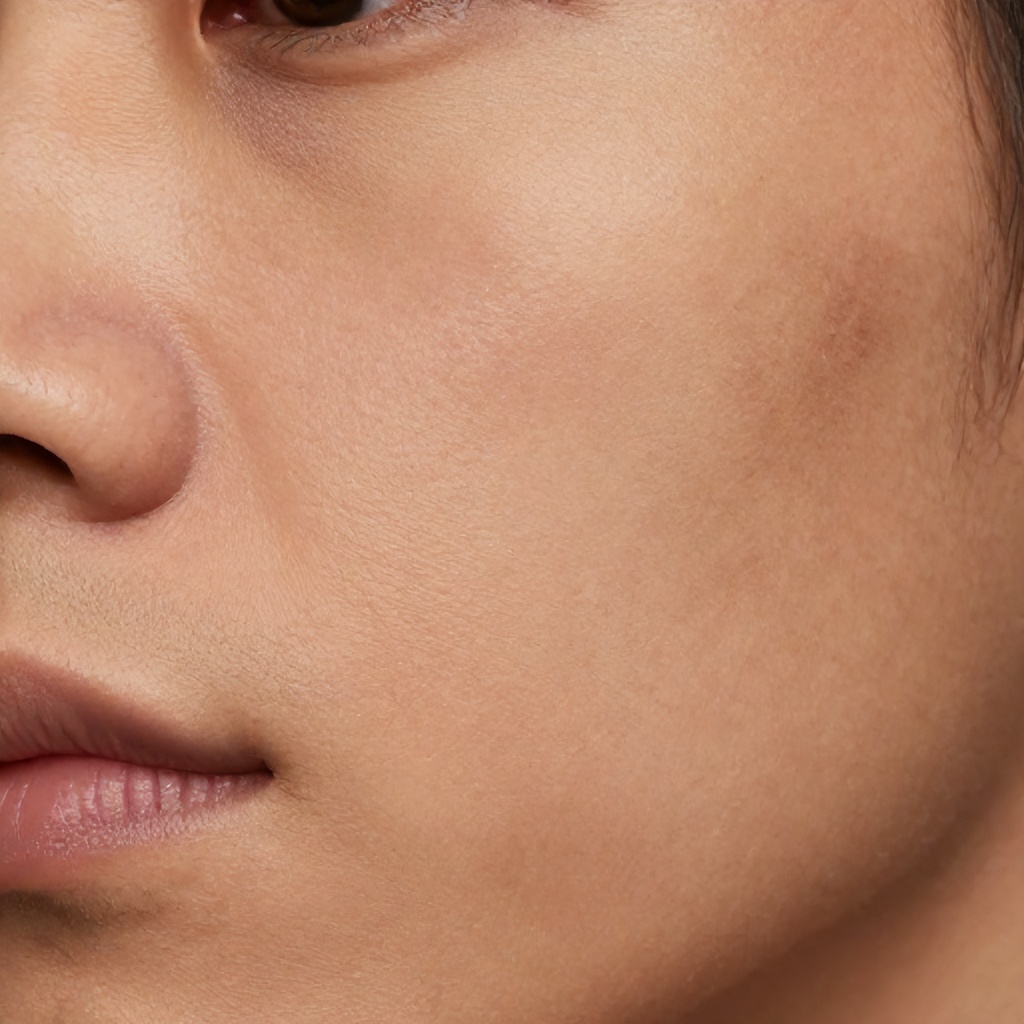 This is a close-up, neutral shot of a person's face, focusing on the skin's texture. The skin tone is light to medium, with areas of darker pigmentation. The composition highlights the natural variations in skin coloration.