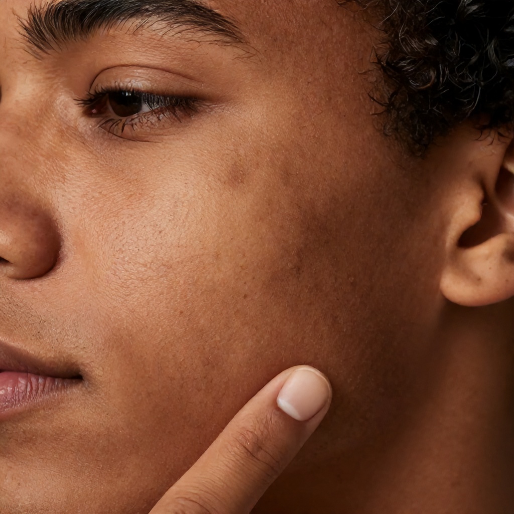 A close-up shot captures the side of a person's face, focusing on the cheek and jawline, which exhibits varied warm brown tones. The skin displays numerous dark spots and some areas of uneven texture, with dark, curly hair visible on the right side of the frame. A finger gently touches the lower cheek, drawing attention to the skin's surface.