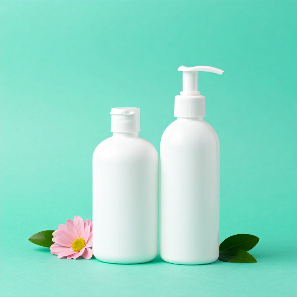 This image features two white bottles placed against a vibrant teal background. The scene is accented with small green leaves and a pink floral element, creating a clean and minimalist aesthetic. The overall composition is simple and bright, suggesting a health or wellness-themed advertisement.